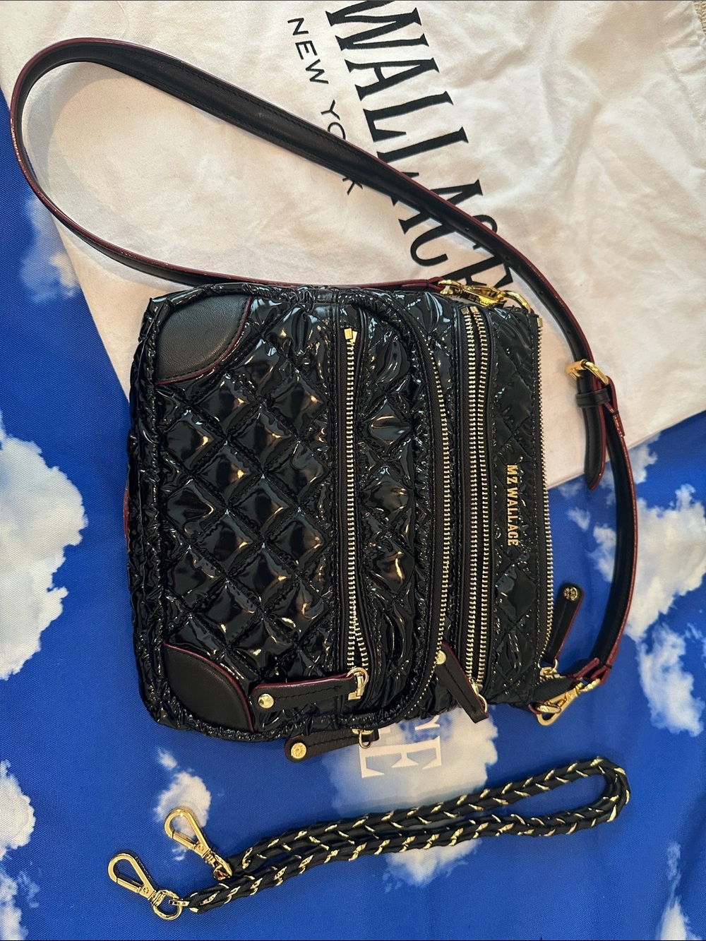 MZ Wallace Black Quilted Patent Leather Crossbody with Gold Hardware